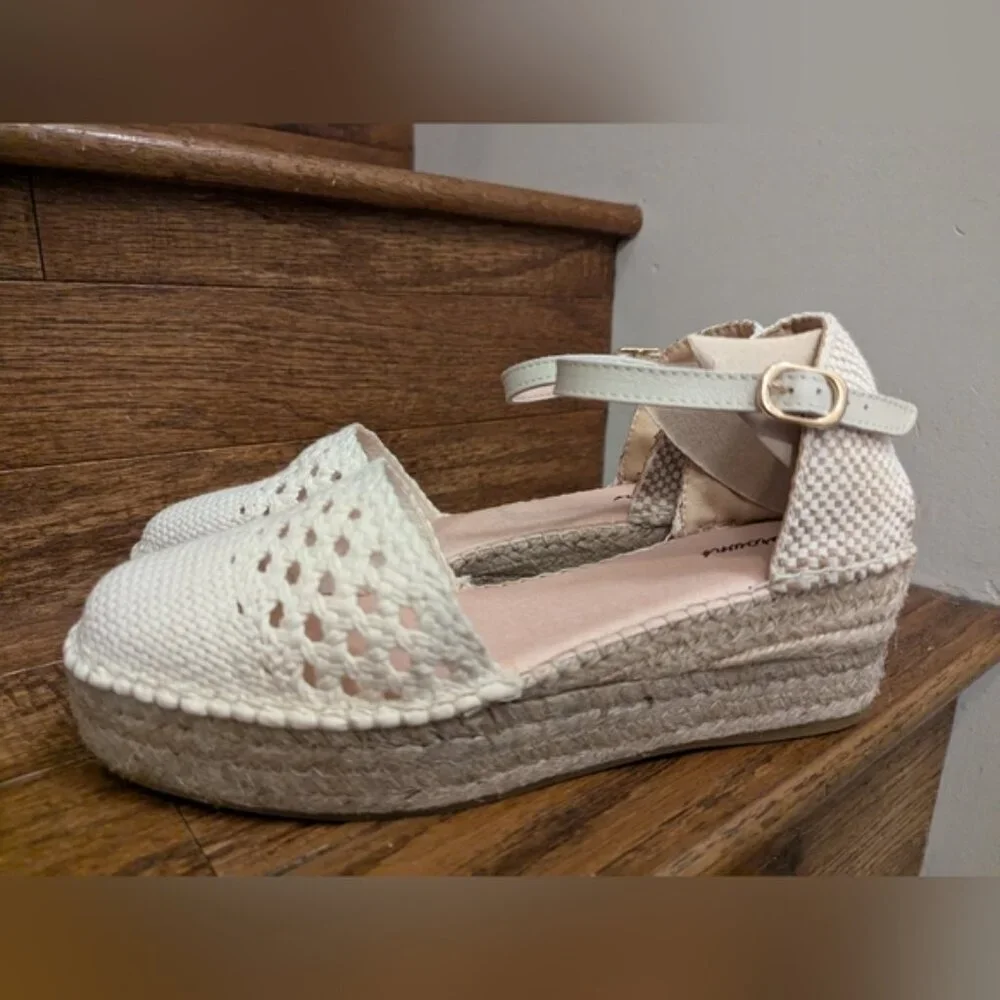 Browns Crochet Espadrille Sandal, cream Woven Fabric Jute Platform SZ 11 EU 41